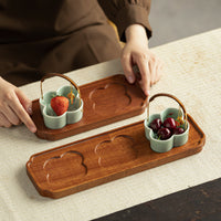 Chinese Ceramic Divided Snack Plate with Wooden Handle and Serving Bowls