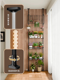 Adjustable Tension Rod Plant Stand with Multi-Tier Shelves and Baskets for Balcony and Indoor Display