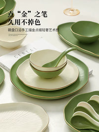 Luxury Ceramic Dinnerware Set with Gold Trim, Matcha Green Lotus Pattern, Gift Boxed