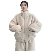 Women's Coral Fleece Warm Pajama Set with Zipper, Mid-thickness Loungewear for Autumn/Winter, High Collar Couple Style