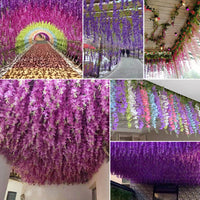 Artificial Wisteria Garland for Ceiling Decor, Fake Flower String for Indoor/Outdoor Wedding, Plastic Vine Plant Violet Rattan