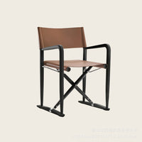 Outdoor Teak Folding Director's Chair with Saddle Leather for Patio Garden Villa