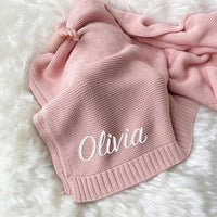 Personalized Knitted Baby Blanket with Embroidered Name, All-Season