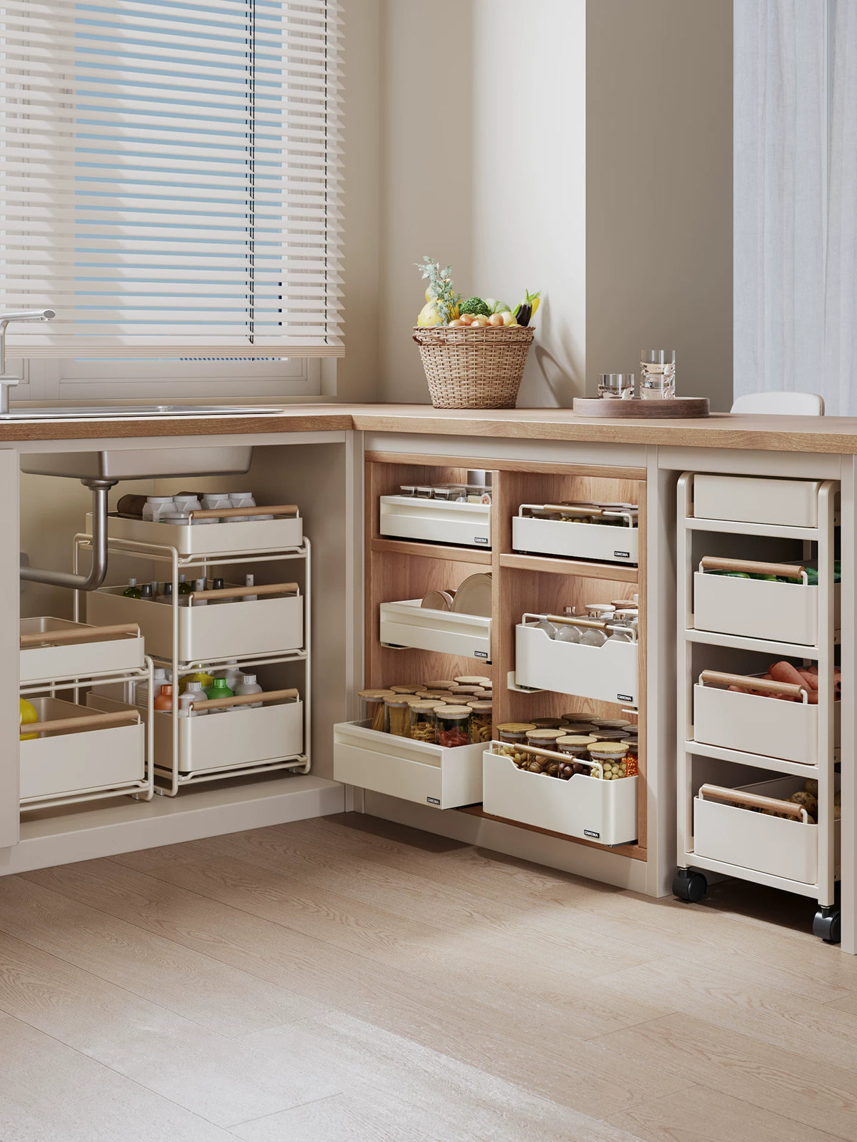 Pull-Out Kitchen Cabinet Organizer Drawer with Soft-Close Slides for Spices and Under-Sink Storage
