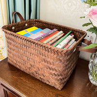 American Style Woven Storage Basket with PU Handles for Laundry and Toys