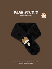 Japanese Style Cute Cartoon Cat Plush Cross Scarf for Women, Autumn/Winter Warm Neck Warmer