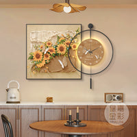 Mid-Century Style Sunflower Wall Art with Silent Clock for Dining Room & Living Room Decor