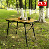 Portable Height-Adjustable Aluminum Roll-Up Camping Table with Wood Grain Finish for Outdoor BBQ & Picnic