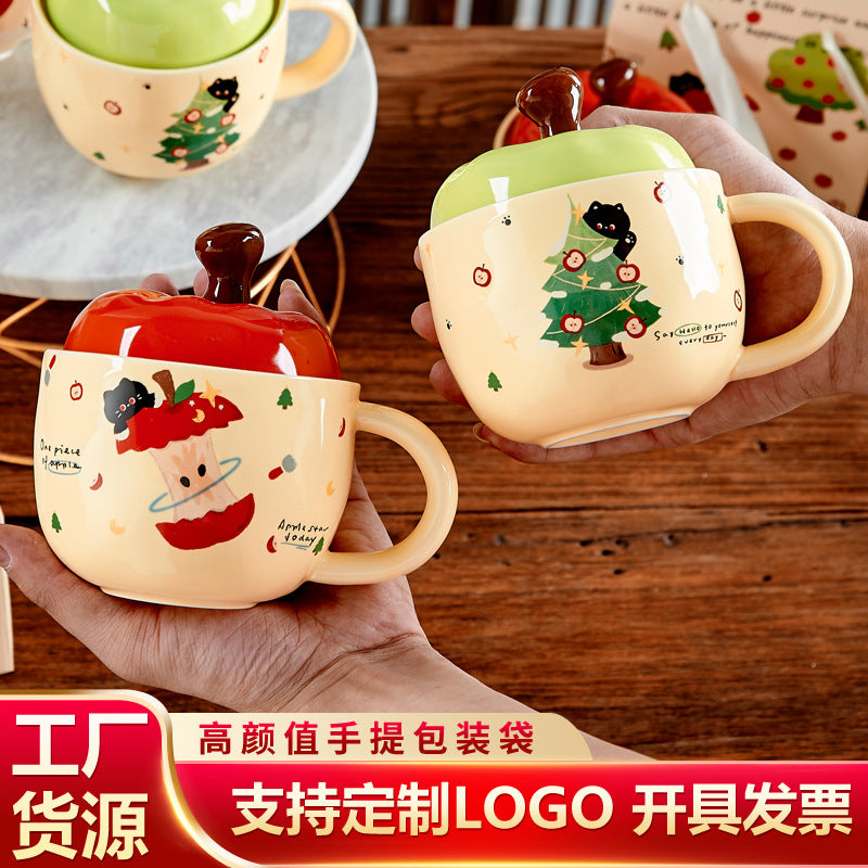 Creative Apple Ceramic Mug with Lid and Spoon, 301-400ml, Gift Box Included