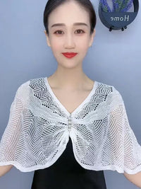 Knitted Poncho Shawl with Brooch - Lightweight Sun Protection Cover-Up for Spring/Summer