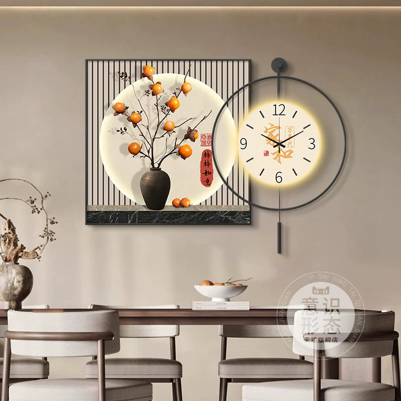 Modern Luxury Persimmon Decorative Wall Art with Clock for Dining Room