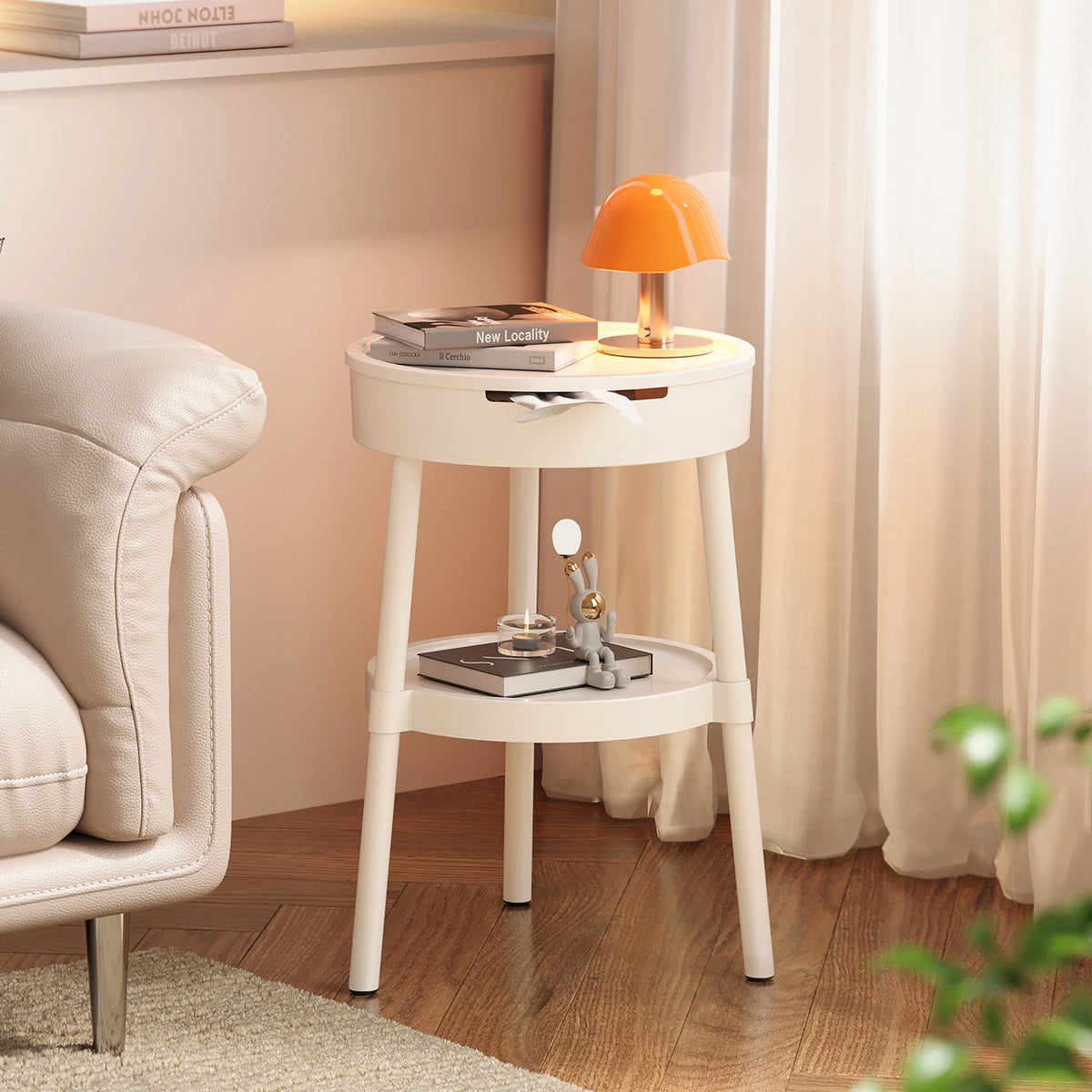 Creative Cream Style Mobile Side Table with Storage for Living Room Bedroom