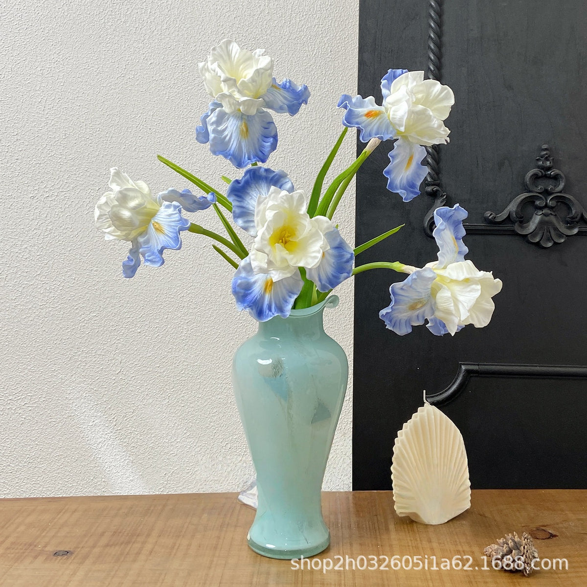 Premium Artificial Iris Flower Arrangement with Vintage Vase for Home Decor, Wedding Centerpieces, and Shop Window Displays