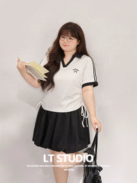 Plus Size Women's V-Neck Drawstring Waist Slimming Short Sleeve T-Shirt