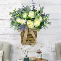 New Artificial Peony Lamb's Ear Flower Basket Wreath Plant Door Hanging Home Decor