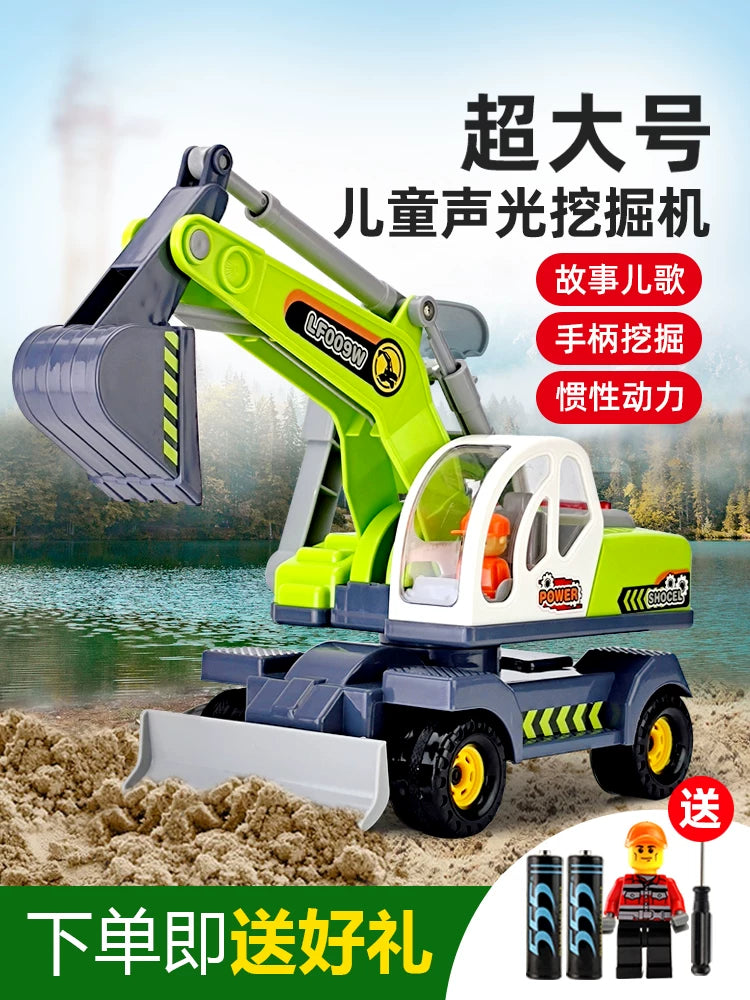 Large Inertia Excavator Toy with Lights and Music for Kids, Green