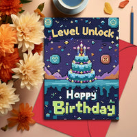 Cartoon Pixel Style Birthday Greeting Card with Extra-Large Envelope, Handwritten Blessing Gift for Kids & Boyfriends