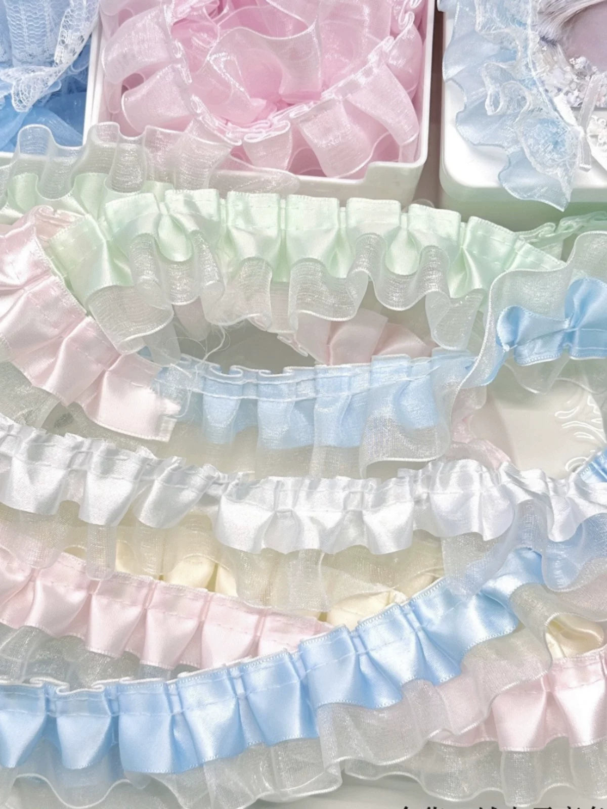 DIY Double-Layer Pleated Lace Ribbon Trim with Mini Bows for Craft and Decoration