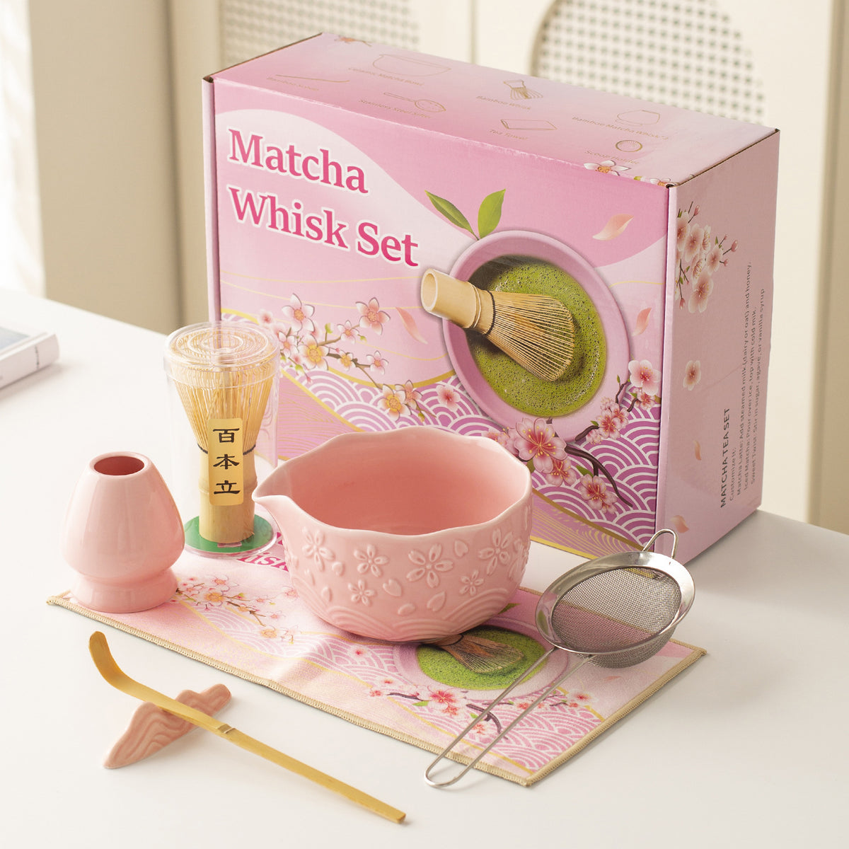 Japanese Ceramic Sakura Embossed Matcha Bowl Set with Spout and Whisk Tools