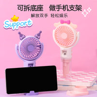 Portable Cartoon Rechargeable Mini Fan with Spray Mist and Phone Holder for Students