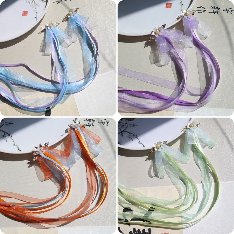 Girls' Hanfu Style Ribbon Bow Hair Clips with Long Streamers