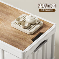 Outdoor Camping Foldable Storage Box with Wooden Lid, Large Capacity Portable Trunk Organizer
