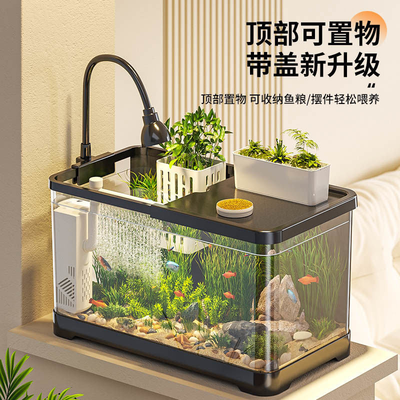 2025 New Desktop Mini Aquarium with Lid for Home Living Room, Transparent Ecological Fish Tank for Goldfish