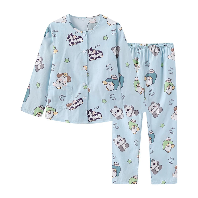 Kids' Cartoon Print 100% Cotton Pajama Set Long Sleeve Button-Down Top and Pants