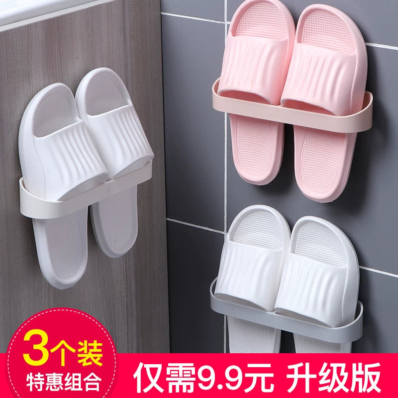 Wall-Mounted Slipper Rack, Punch-Free Bathroom Organizer and Drainage Shelf for Home Use