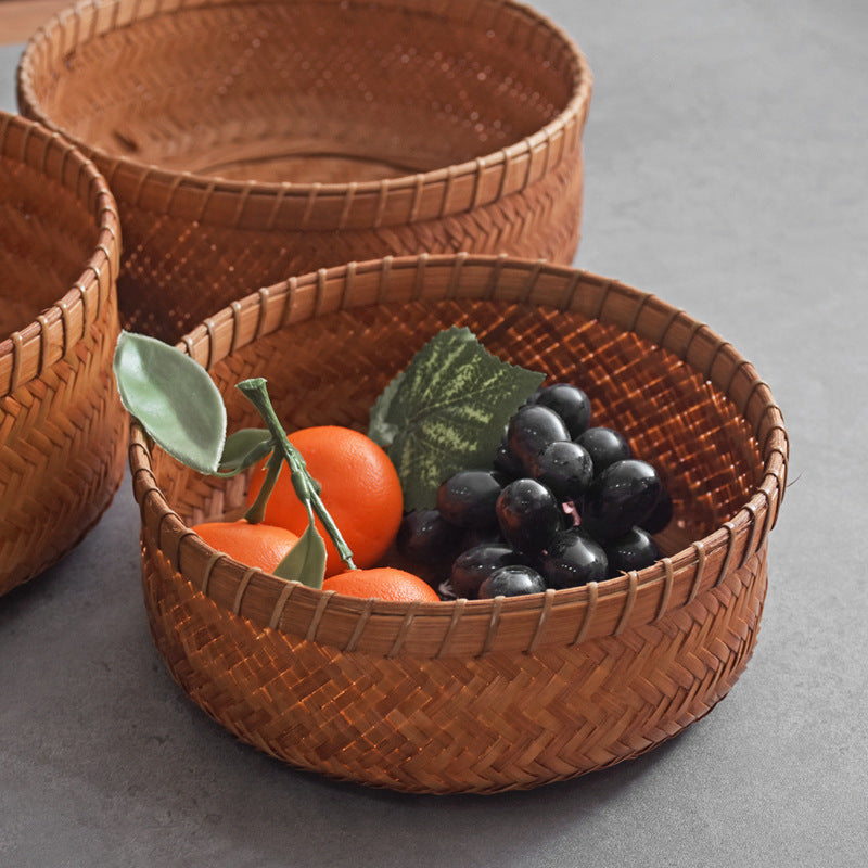 Handwoven Rattan Storage Basket Round Fruit Tray Bamboo Woven Snack Basket