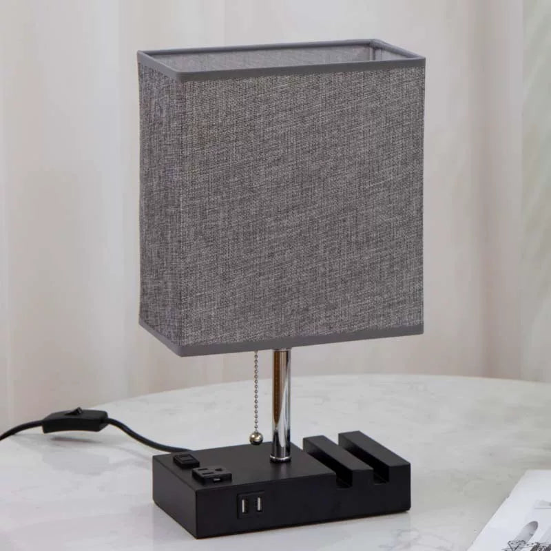 USB Fabric Table Lamp with Phone Holder and AC Outlets for Bedroom Living Room