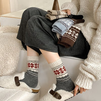 Women's Mid-Calf Thermal Wool Socks with Fair Isle Snowflake Pattern for Winter