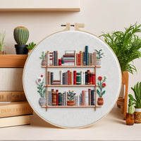 DIY Embroidery Kit with Elegant Bookshelf & Vase Patterns, English Stitch Guide