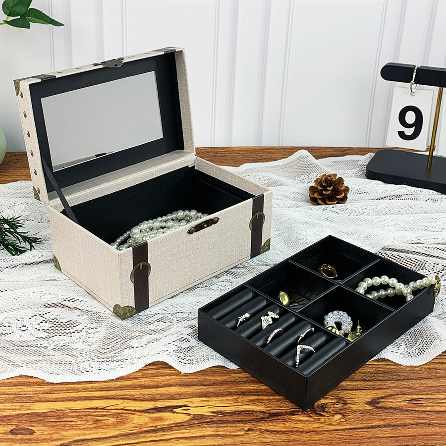 Vintage Multi-Layer Jewelry Box with Mirror and Multiple Compartments
