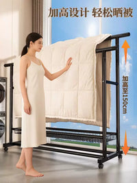 Heavy Duty Double Rod Garment Rack with Wheels, Floor Standing Clothes Hanger for Bedroom, Storage Shelf