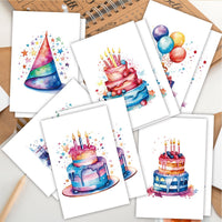 12-Pack Watercolor Birthday Cake Greeting Cards with Envelopes, Blank Thank You Notes & Invitations