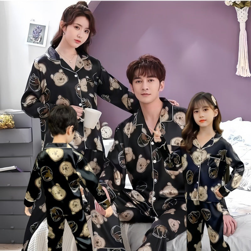 Family Matching Cartoon Ice Silk Pajama Sets for Summer, Short Sleeve Tops and Shorts/Pants for Parents and Kids