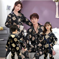 Family Matching Cartoon Ice Silk Pajama Sets for Summer, Short Sleeve Tops and Shorts/Pants for Parents and Kids