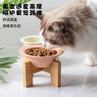 Ceramic Pet Bowl with Wooden Stand for Cats and Small Dogs, Elevated Tilted Food Water Dish for Neck Protection