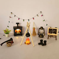 Dollhouse Miniature Christmas Scene 18-Piece Set with Bonfire, Hanging Stove, Fireplace, and Easel