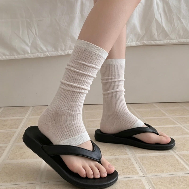 Thin Summer Ruched Leg Warmers for Women, Korean Style Striped Mid-Calf Socks