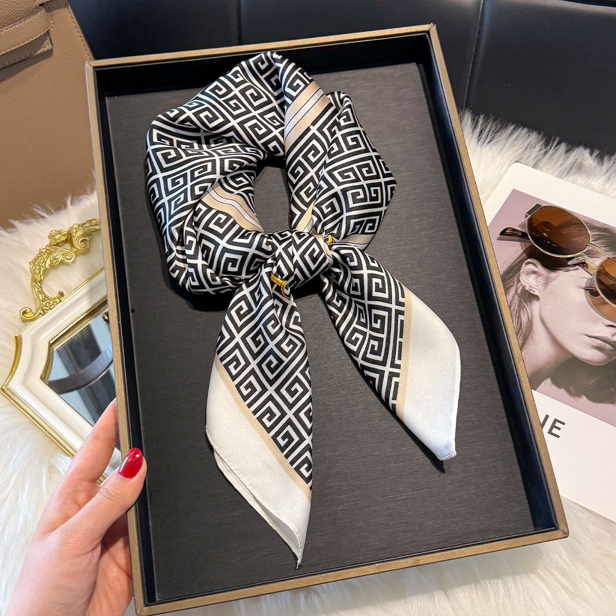 70cm Square Silk Scarf for Women, French Style Elegant Fashion Printed Headscarf
