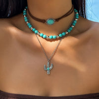 Bohemian Turquoise Beaded Cactus Pendant Necklace Set