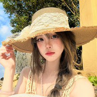 Lace Bowknot Straw Sun Hat for Women, French Style Wide Brim Beach Vacation UV Protection