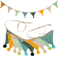 Kids Double-Layer Cotton Crepe Pom-Pom Solid Color Triangle Flag Banner for Birthday Party Kindergarten Camping Decoration