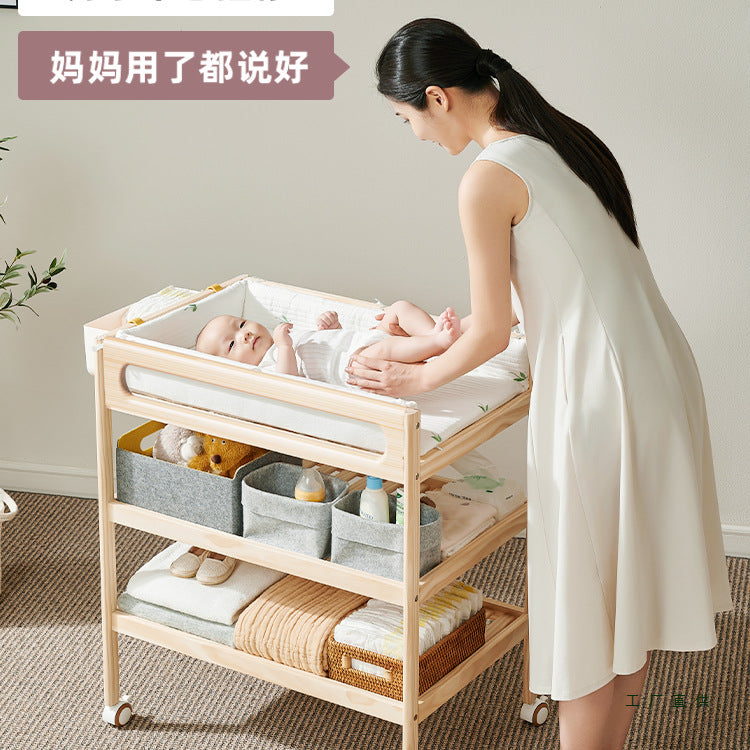 Solid Wood Baby Changing Table with Massage and Bath Function, Mobile Newborn Crib