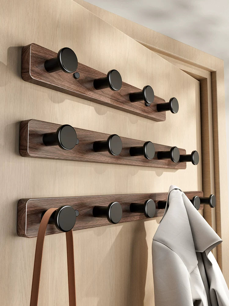 Walnut Wood Wall Mounted Coat Rack with Aluminum Hooks for Entryway & Wardrobe
