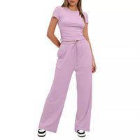Women's Solid Color Pleated Short Sleeve Top and High Waist Wide Leg Pants Set