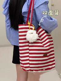Striped Canvas Tote Bag for Women, Large Capacity Casual Shoulder Bag