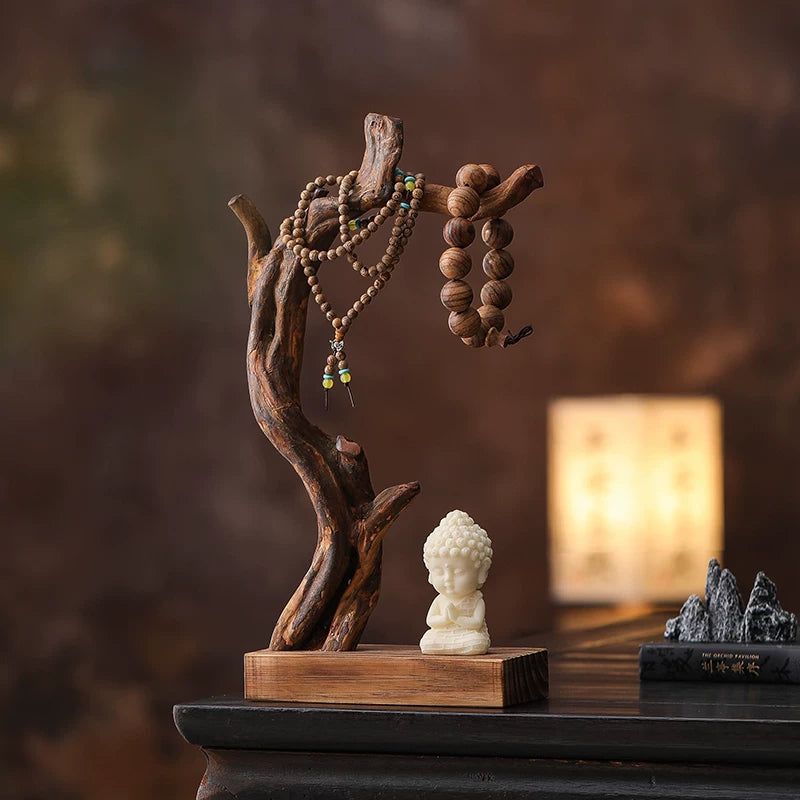 Vintage Style Solid Wood Jewelry Display Stand with Monk Figurine for Bracelets, Necklaces, and Keys